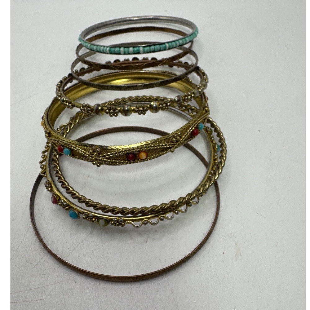 Mixed Metal Boho Bangle Bracelet Stack Filigree Beaded Turquoise Accents 8pc - Picture 3 of 7